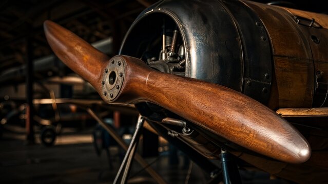 The wooden propeller of a vintage monoplane in a quiet hangar.