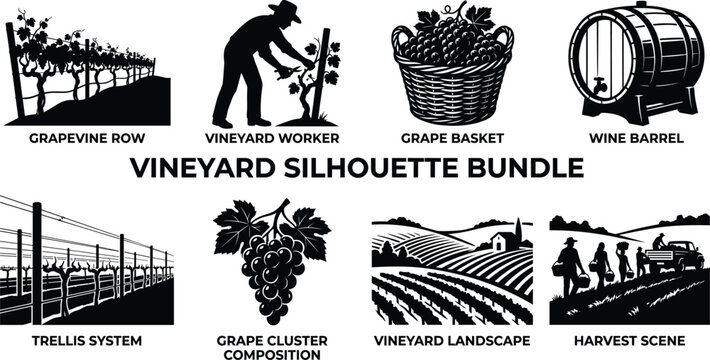 Vineyard silhouette bundle featuring grapevine rows wine barrels harvest scenes grape clusters and countryside landscapes for winemaking crafts