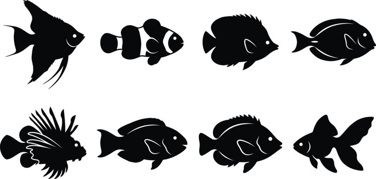 Tropical reef fish silhouette vector bundle featuring angelfish clownfish lionfish and goldfish icons for marine life aquarium crafting designs