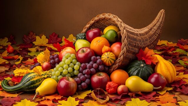 Abundant harvest cornucopia overflowing with autumn fruits and vegetables on a colorful leaf background