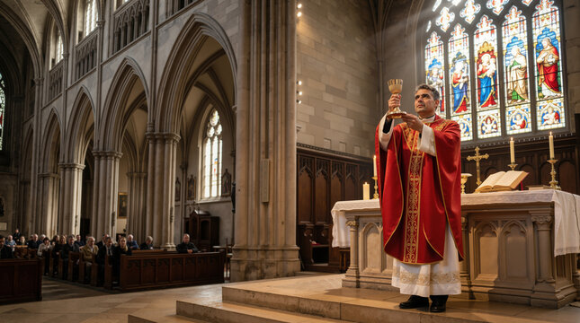 Middle aged male priest elevating the golden chalice at the altar. Catholic mass inside a traditional Gothic church with congregation. Man wearing red liturgical vestments during Holy Communion