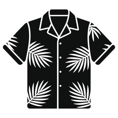 Minimalist Black Hawaiian Shirt Vector Illustration - Tropical Palm Leaf Summer Aloha Shirt Icon, Isolated Short Sleeve Casual Beach Fashion Apparel Design Clip Art © Tanver