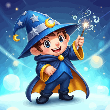 Cute young wizard character in blue robe holding magical sparking wand