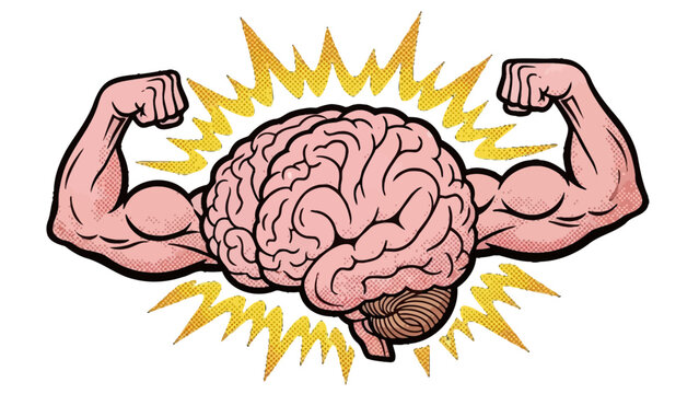 Powerful human brain with strong flexing muscular arms and comic book style burst effect, symbolizing intelligence and strength, on an isolated white background.