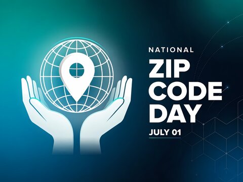 National zip code day july 01 greeting card with globe and location pin icon held in hands on dark blue background
