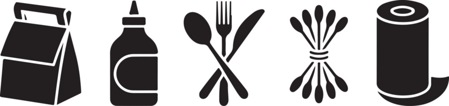 Flat pack food icons set with bag, bottle, utensils, and roll