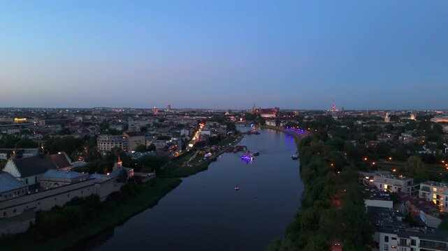 Aerial view of the Vistula River and the city of Krakow at sunset in summer in Poland