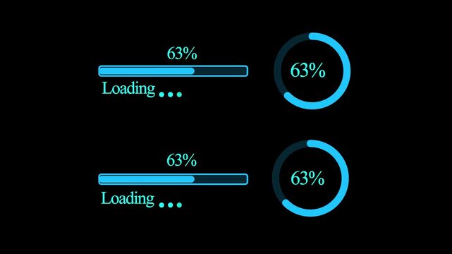 loading bar progress animation with glowing round corners , loading bar 0-100 on black background.animation 4k video
