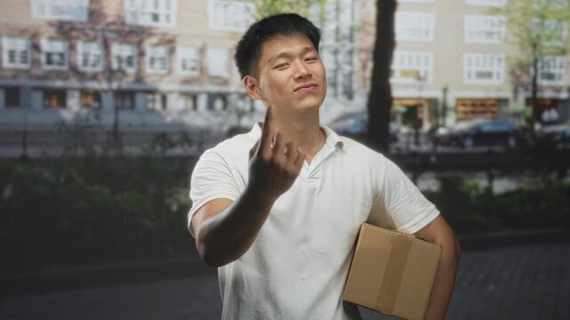 Man holding cardboard box, young man in white polo shirt beckons with middle finger on street, hand and face visible; defiance boldness.