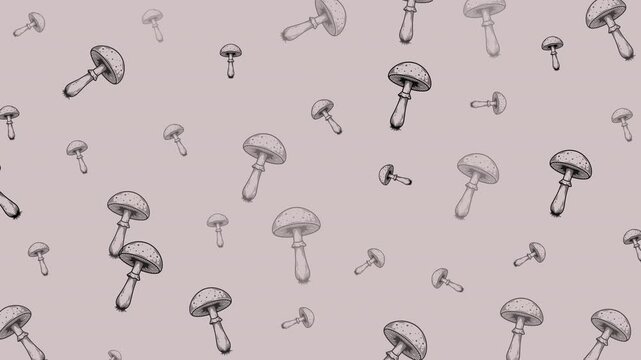 Seamless looping mushroom pattern animation featuring vintage handdrawn botanical illustrations on a soft neutral background. Nature inspired motion graphic for backgrounds and creative projects.