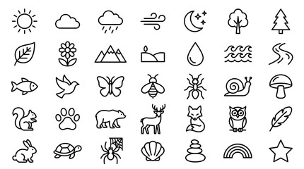 Fototapeta premium Collection of Nature and Weather Icons in Simple Outline Style