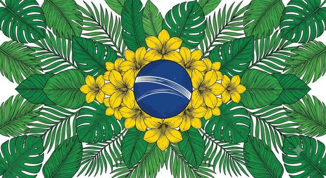 Brasil floral frame background with tropical leaves and yellow flowers