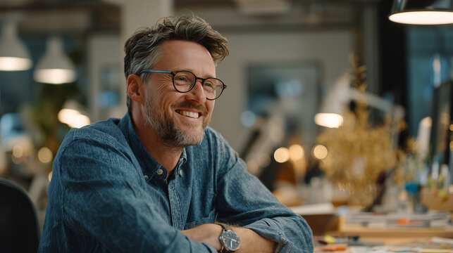 Smiling Designer at Work: A middle-aged man with glasses and a beard, a designer by profession, smiles warmly while sitting at his desk in a well-lit studio.