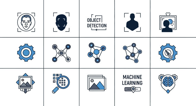 Artificial intelligence icons representing face recognition and object detection