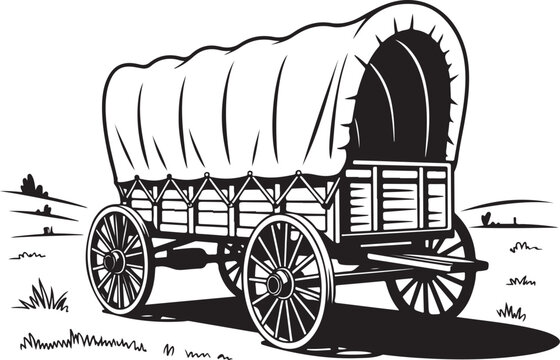 Vintage covered wagon on grassy field