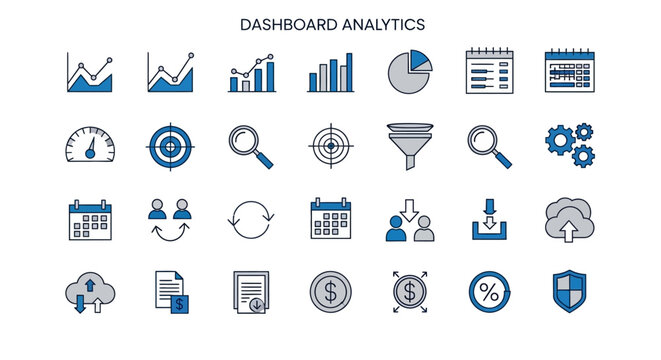 Dashboard analytics icons set business data and financial visualization