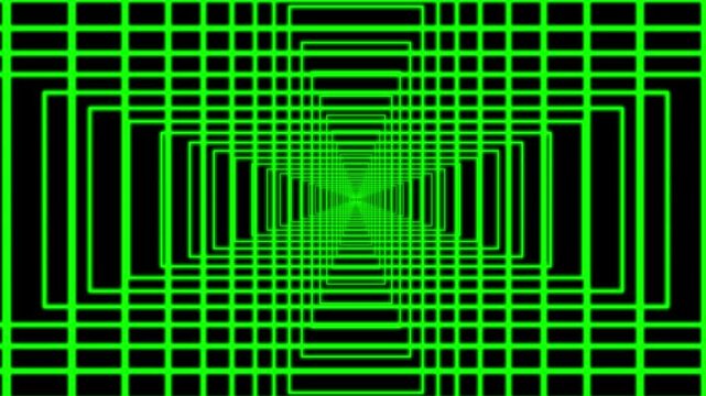 Green neon geometric tunnel animation with infinite rectangular grid on black background