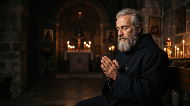 Older monk with a white beard praying with a rosary in a dark church. Portrait representing Saint Benedict of Nursia inside a stone monastery with lit candles. Catholic faith and religion concept