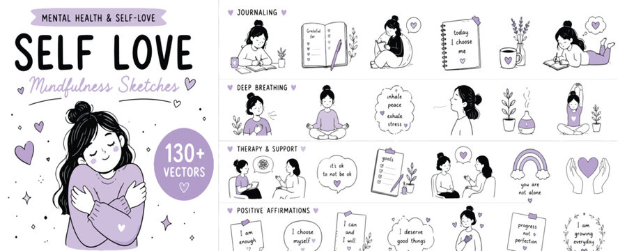 Hand Drawn Mental Health and Self Care Vector Illustration Set Featuring Mindfulness Activities and Positive Affirmation Sketches ccccccccccc-01