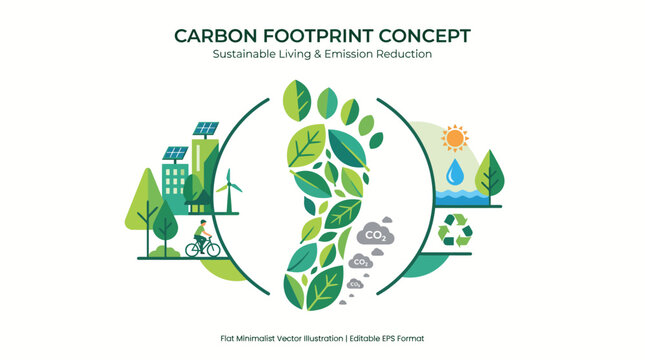 Illustration of a green footprint with leaves, surrounded by icons representing sustainable living, renewable energy, recycling, trees, and emission reduction on a white background.