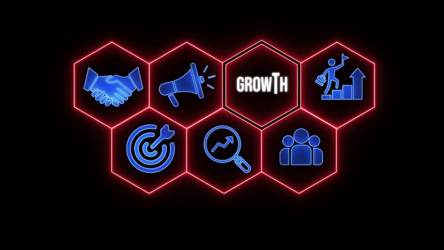 Hexagonal cluster with growth including handshake megaphone target and success symbols Generate title without using the word "Title:" before it