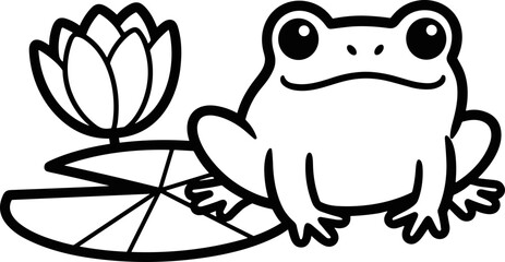 Cute cartoon frog sitting on a lily pad next to a water lily flower, black and white line art. © Sugar