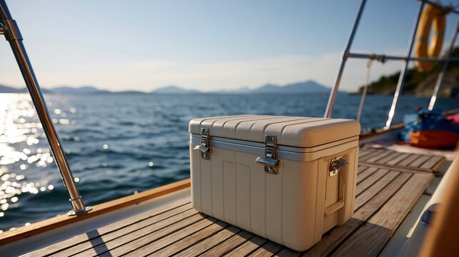 Cooler box on boat deck with open water and sky in sunny outdoor setting