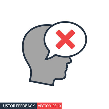 Negative feedback symbol inside head silhouette, communication error, mistake