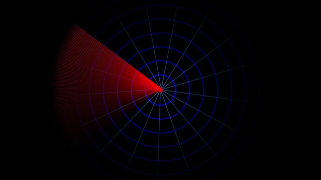 4K futuristic red radar screen scanning with blue circular grid lines loop isolated on black background.Red military sonar and enemy threat detection radar interface with glowing signal sweep trail.