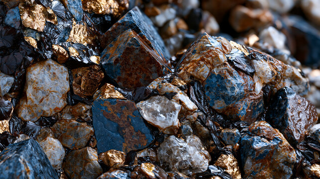 Granite boulder surface viewed at macro scale, individual feldspar phenocrysts, quartz grains, and biotite mica flakes forming an interlocking igneous mosaic, wet surface from recent rainfall intens