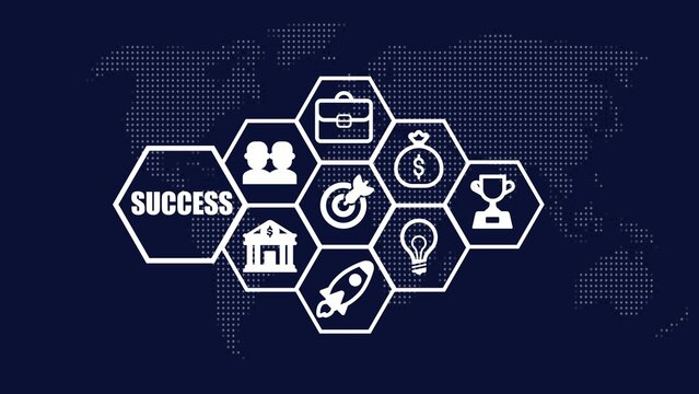 Hexagonal connected in a network with the word SUCES and global map Generate title without using the word "Title:" before it. background in dark blue