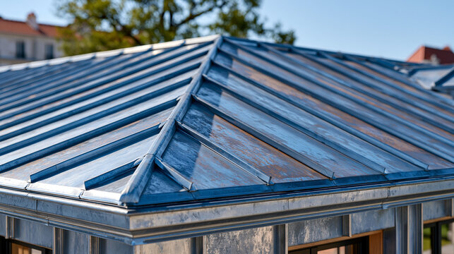 Mansard roof zinc standing-seam slope close detail, double-lock seam ridges running parallel down pitch, patina ranging from fresh silver to aged blue-grey oxide, dormer cheek flashing folded at cor