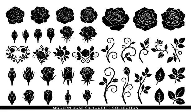 Black rose flower silhouette stencil vector set