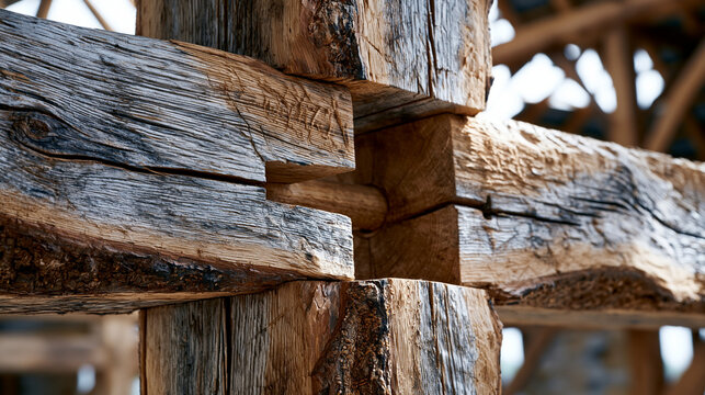 Mortise and tenon timber frame joint macro detail in oak barn structure, draw-bored peg securing the assembly, tool adze marks on chamfered beam arris, silver-grey weathered grain with beetle track 