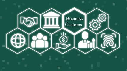 Naklejka premium Hexagonal representing business customs with handshake globe building money growth and fingerprint symbols on a dark green Generate title without using the word 