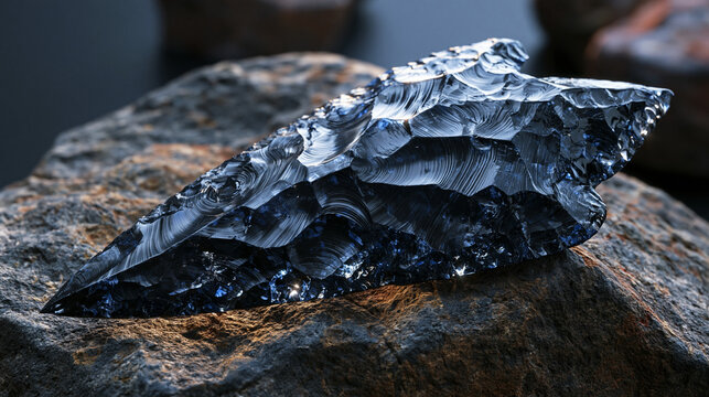 Obsidian arrowhead knapped to a sharp bifacial edge, the conchoidal fracture surfaces reflecting light in curved ripple patterns across the volcanic glass, resinous vitreous luster catching a single