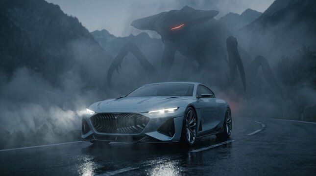 Pale blue luxury grand touring futuristic concept car in dense cold lake fog, ancient insectoid titan appears