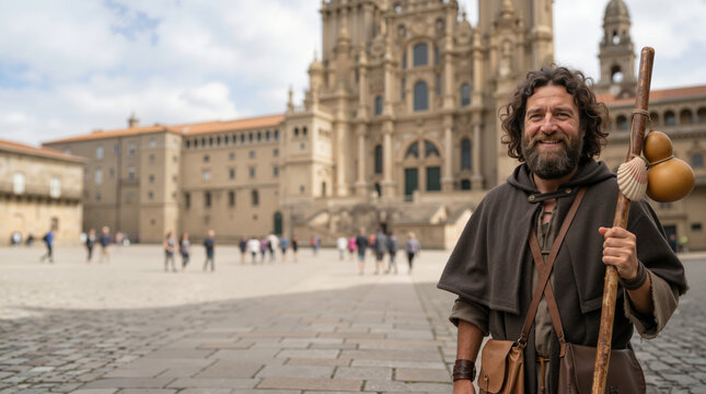 Pilgrim man with staff in front of Santiago de Compostela cathedral. Historical reenactment of Saint James the Greater. Religious travel and pilgrimage concept