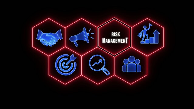 Hexagonal with blue outlines illustrating risk management concepts including handshake megaphone and growth Generate title without using the word "Title:" before it