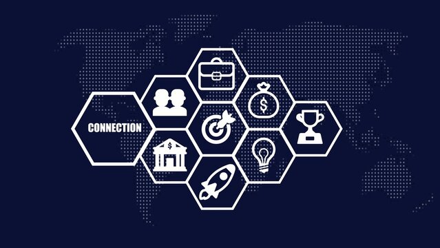 Hexagonal with connection text and business symbols on dark blue dotted map Generate title without using the word "Title:" before it. background hexagons globe