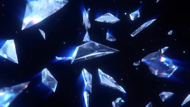 Slow motion tracking shot of crystal shards drifting and tumbling in dark space with blue light rays and translucent reflections, subtle sparkles and luminous trails