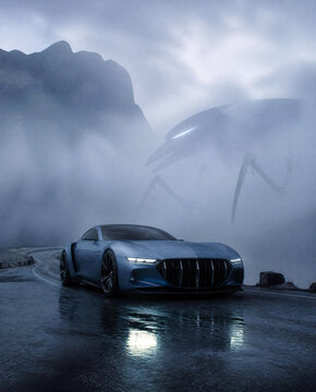 Pale blue luxury grand touring futuristic concept car in dense cold lake fog, ancient insectoid titan appears