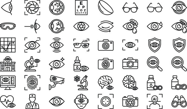 Ophthalmology and vision line icon set featuring eye care optics medical technology glasses and surveillance vectors