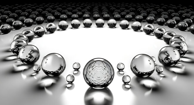 Abstract arrangement of reflective silver metallic spheres with abstract metallic reflective geometric minimalist composition structure symmetry background equilibrium