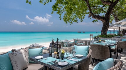 Obraz premium Luxurious Beachfront Dining Experience with Ocean Views and Elegant Setup.