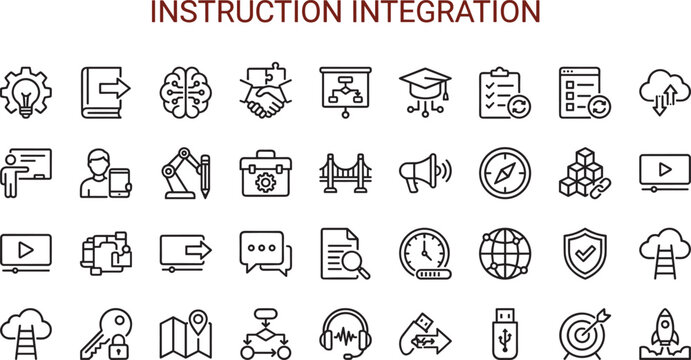 Instruction integration line icon set featuring workflow automation learning management collaboration analytics and process connectivity