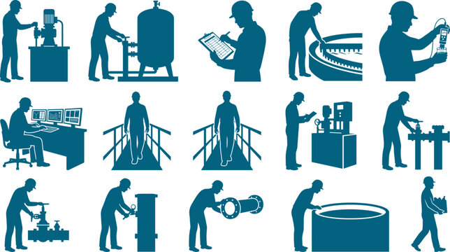Industrial plant operator set working with storage tanks and hydraulic control panels