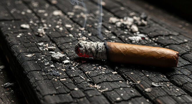 Lit cigar burning on a dark charred wooden surface with grey ash