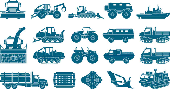 Specialized heavy vehicle set including snow blowers amphibious trucks and loggers