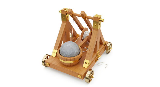 Miniature wooden medieval catapult toy with stone projectile catapult medieval miniature projectile strategy tactical mechanical engineering reproduction conflict